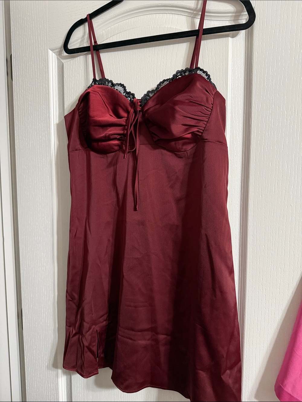 wild fable Burgundy Satin Chemise with Black Lace Trim